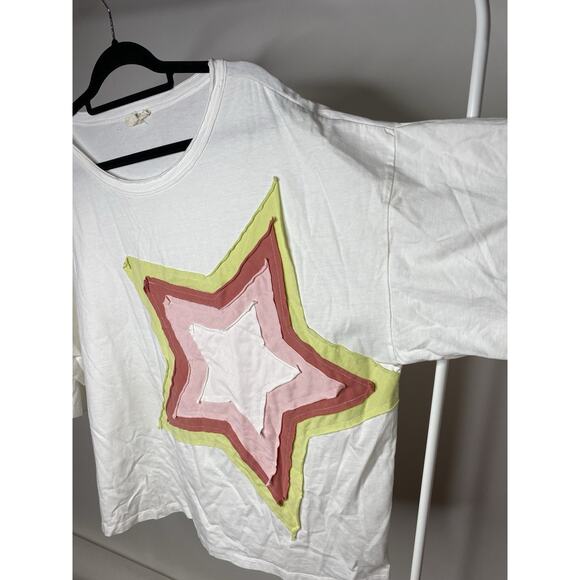 Easel Women's Large Star Patched Oversized Tee T-Shirt White Cotton Boho Relaxed - Picture 2 of 5